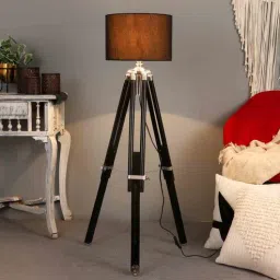 pristine interiors Malan Black Cotton Shade Tripod Floor Lamp With Sheesham Wood Base-picture-27
