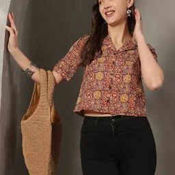 HERE&NOW Women Ethnic Motifs Printed Shirt Collar Pure Cotton Shirt Style Crop Top-picture-47