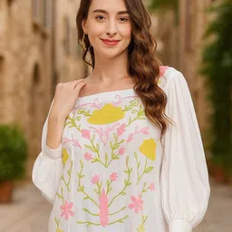 Moda Rapido Women Square Neck Embroidered Bishop Sleeves Top-image-84