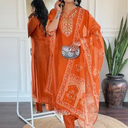 CANBIA Floral Yoke Design Regular Chanderi Silk Kurta with Trousers & With Dupatta-picture-27