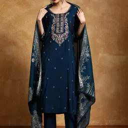 Varanga Floral Embroidered Round Neck Straight Kurta With Trousers & Dupatta-10