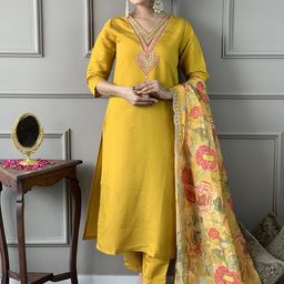 KALINI Floral Embroidered Straight Thread Work Chanderi Silk Kurta With Trousers & Dupatta-image-33