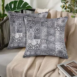 Tesmare Grey Set of 2 Ethnic Motifs Velvet Square Cushion Covers-27