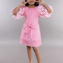 Pink Chick Polka Dot Striped Puff Sleeve A-Line Dress-image-70