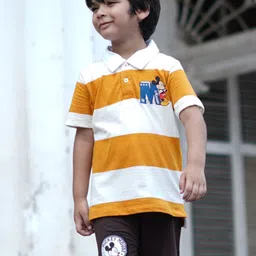 Nap Chief Kids Mickey Mouse Polo Collar Striped Pure Cotton T-shirt with Shorts-image-25
