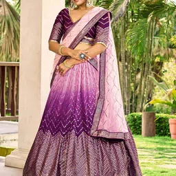ETHNIC PLUS Embroidered Sequinned Semi-Stitched Chinnon Lehenga & Blouse With Dupatta-image-62
