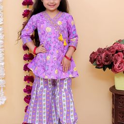 Aj DEZInES Girls Floral Printed Angrakha Mirror Work Pure Cotton Kurta with Sharara-image-23