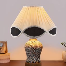 Devansh White Textured Traditional Frusturical Shaped Wooden Table Lamp & Mosaic Glass-11