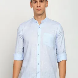 ELLIPSE Men Solid Mandarin Collar Linen Casual Shirt-picture-4