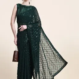 Thishma Checked Embellished Sequinned Pure Georgette Saree-22