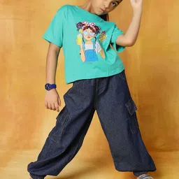 HERE&NOW Girls Graphic Printed Round Neck Pure Cotton T-shirt With Jogger-picture-47