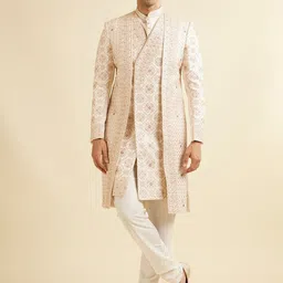 Manyavar Men Hand Embroidered Zardozi Mandarin Collar Sherwani Set-picture-44