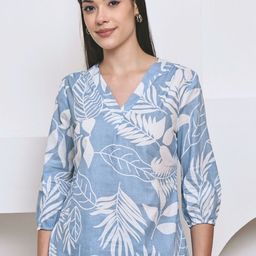 Moda Rapido Women Blue & White Floral Printed V-Neck Cotton Top-picture-5