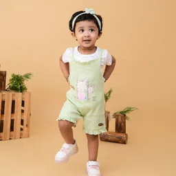 Babys Day Infant Girls Printed Cotton Dungaree With Top & Brief-image-29