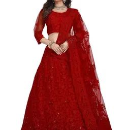 Warthy Ent Embroidered Thread Work Net Semi-Stitched Lehenga & Blouse With Dupatta-picture-26