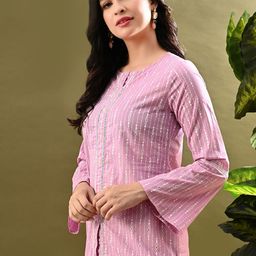 Sangria Printed Cotton Round Neck Top With Lace-Detail image 3