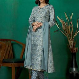 Sangria Women Floral Printed Pure Cotton A-Line Kurta With Trousers & Dupatta-picture-15