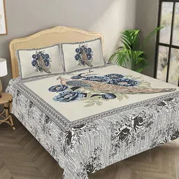 Bombay Spreads Grey & Blue Floral Pure Cotton 144 TC King Bedsheet with 2 Pillow Covers-image-53