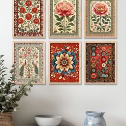 WALLLANE Traditional Brown & Red 6 Pieces Floral And Botanical Wooden Wall Art-image-73