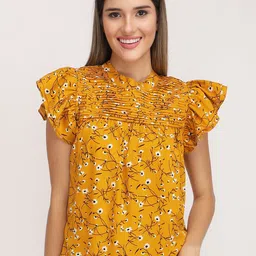 JAKANARY Floral Print Flutter Sleeve Ruffles Crepe Top-picture-13