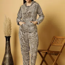 FABINALIV Women Floral Woollen Embossed Hooded Night Suit with Front Pocket-picture-27