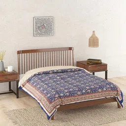 Fabindia Blue & Beige Ethnic Motifs Printed 90 GSM Cotton Single Bed Quilt-image-48