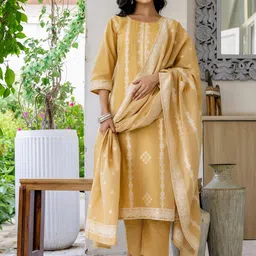 SANISA Women Mustard Cotton Blend Kurta Sets-picture-33