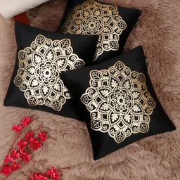 Myntra Elegant Homes Black & Gold-Toned 3 Pieces Ethnic Velvet Square Cushion Covers-image-74