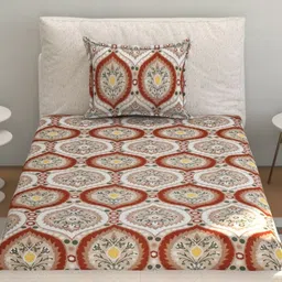 Florida Orange & Beige Floral 160 TC Single Bedsheet Set 275 cm X 228 cm-16
