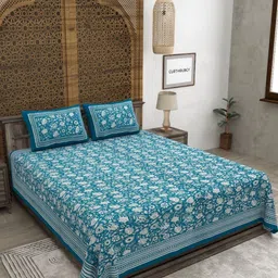 CLOTHOLOGY Sea Green & White Floral 180 TC King Bedsheet with 2 Pillow Covers-image-39