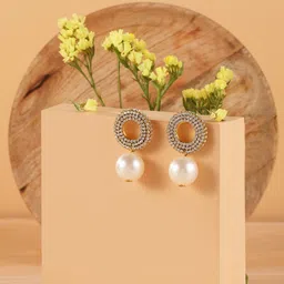 DressBerry Gold-Plated Stones Studded & Pearls Beaded Circular Shaped Drop Earrings-13