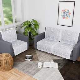 Aura Grey & White 6 Pieces Printed Cotton 2+1 Seater Sofa Covers-5