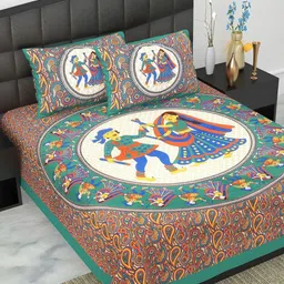 UNIBLISS Green & Red Ethnic Printed Cotton 144 TC Queen Bedsheet Set- 2.15 m x 2.35 m-11
