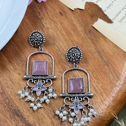 NAMAN ARTS Silver-Plated Artificial Stones Studded & Beaded Antique Drop Earrings-88