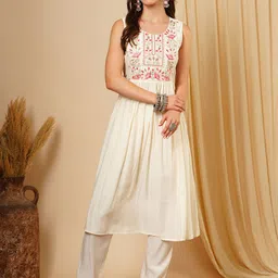Globus Floral Embroidered Pleated Thread Work A-Line Kurta With Trousers-picture-46