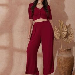 Globus V-Neck Self Design Button Detail Crop Top With Wide Leg Trousers Co-Ord Set-16