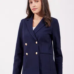 FableStreet Women Navy Blue Lapel Collar Long Sleeves Tailored Jacket-picture-2