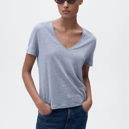 MANGO Women V-Neck Linen T-shirt-image-92