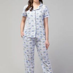 CROWN KING Women Floral Printed Pure Cotton Shirt & Pyjamas Night suit-picture-7