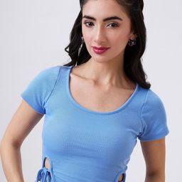 SZN Blue Ribbed Tie-Ups Detail Crop Top-image-3