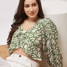 Globus V-Neck Bishop Sleeves Abstract Print Tie-Up Detail Wrap Top-picture-24
