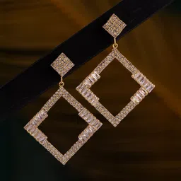 Voylla Gold-Plated Contemporary American Diamond Studded Drop Earrings-3