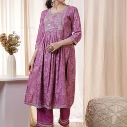 Anouk Floral Embroidered Round Neck Mirror Work A-Line Kurta with Trousers-picture-35