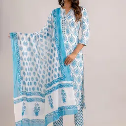 Jasoriya Floral Printed Mirror Work Notch Neck Pure Cotton Kurta with Trouser & Dupatta-picture-21
