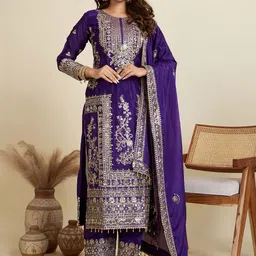 AKSHARAM Floral Embroidered Sequinned Straight Kurta With Trousers & Dupatta-picture-27