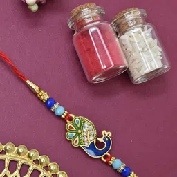 MEIRA JEWELLERY Set Of 2 Stones Studded & Beaded Peacock Thread Rakhis & Roli Chawal Card-25