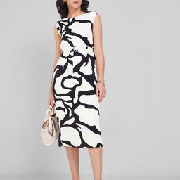 Annabelle by Pantaloons Women Abstract Printed Monochrome Belted A-Line Midi Dress-image-18