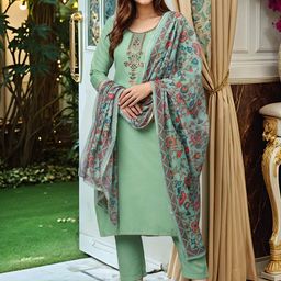 Aaghnya Floral Yoke Design Round Neck Thread Work Straight Kurta With Trousers & Dupatta-13