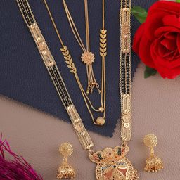Anouk Women Pack of 3 Gold-Plated Artificial Stones & Beaded Mangalsutra With Earrings-15