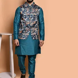 PRINTINDIA Mandarin Collar Pure Silk Straight Kurta with Trousers & Nehru Jacket-picture-35